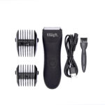 Top view of the Kaalgat rechargeable body groomer with 2 positoning combs, USB Charging cable, and Cleaning Brush