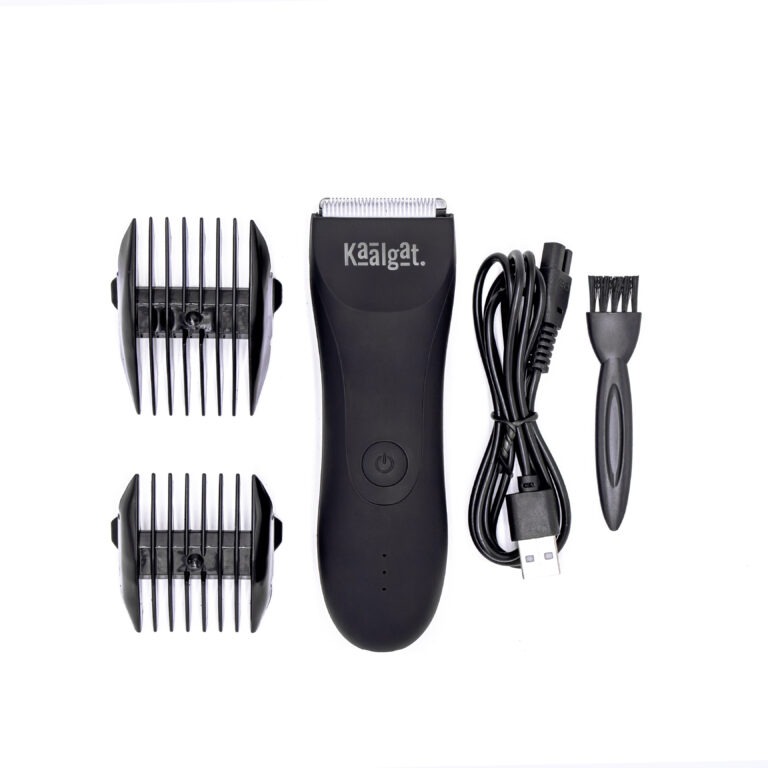 Top view of the Kaalgat rechargeable body groomer with 2 positoning combs, USB Charging cable, and Cleaning Brush