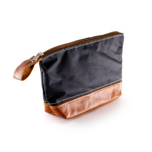 Isometric view of Kaalgat Toiletry Bag. Made from genuine leather and waterproof canvas