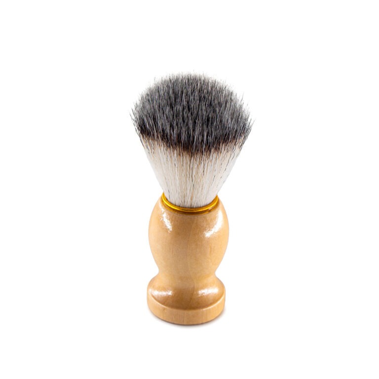 Side view of the Kaalgat Shaving Brush showing real wood and soft bristles